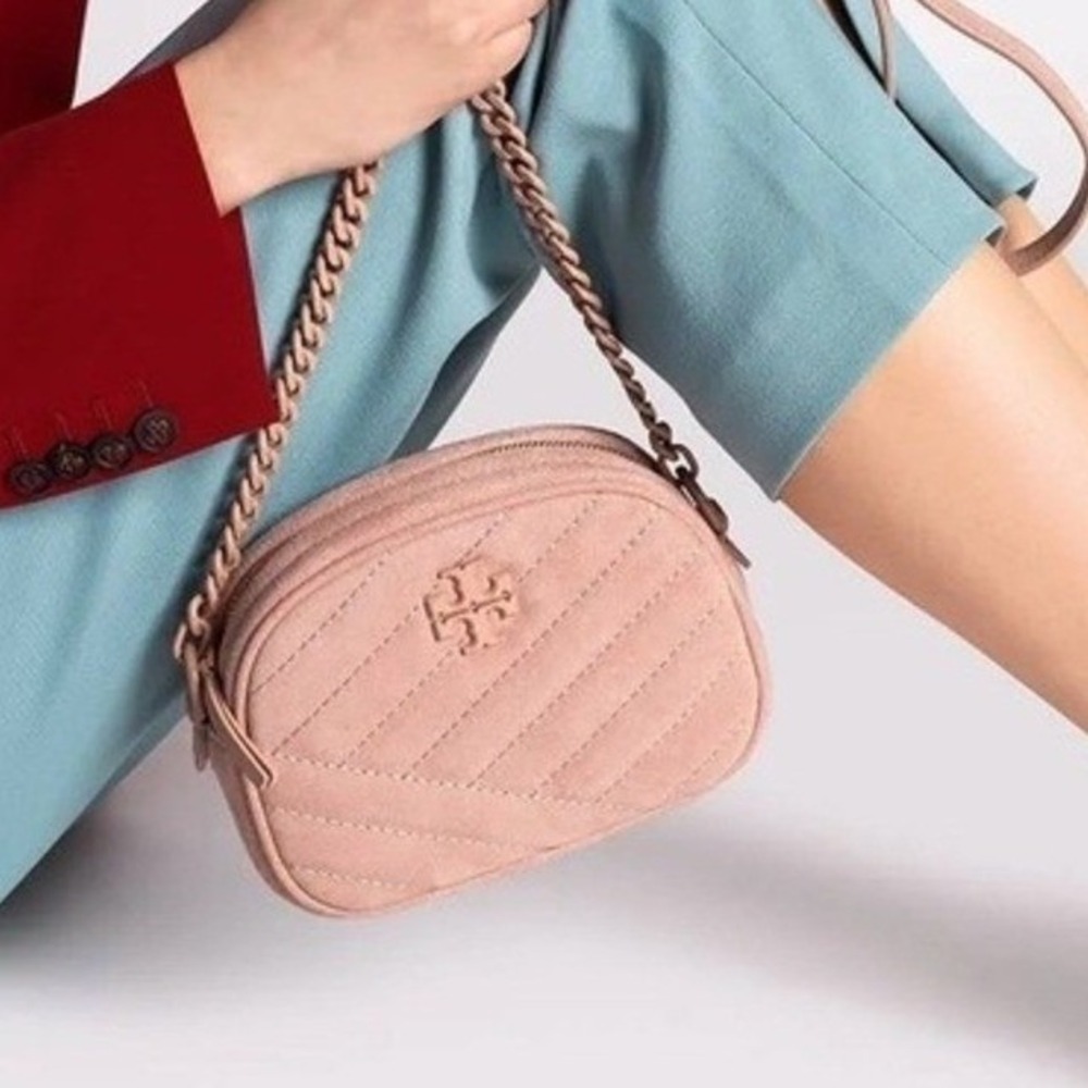 Tory Burch Kira Chevron Small Camera Bag Pink Suede Quilted Crossbody Handbag - Picture 2 of 8
